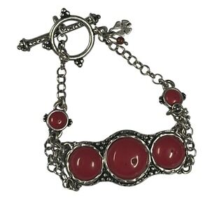 Lucky Brand Antiqued Red Stones Toggle Bracelet,‎ Silver Toned, 7.75" Long